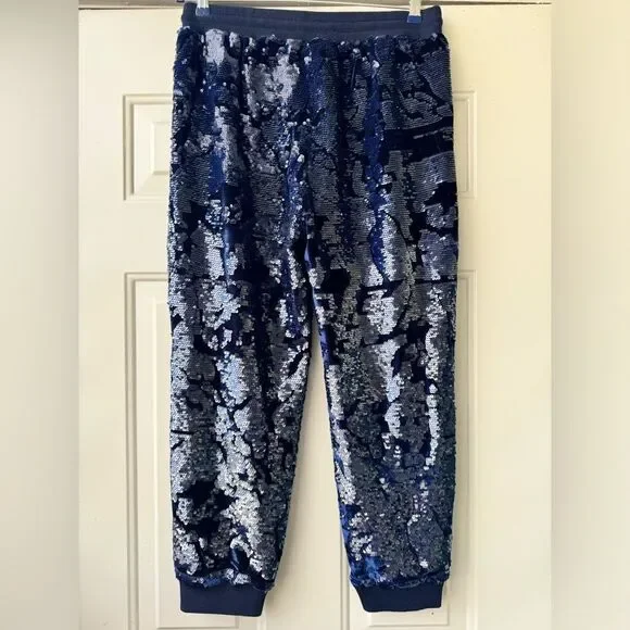 Anthropologie ett:twa Sequin Velvet Joggers Holiday Sparkle navy blue Medium M - Picture 3 of 16